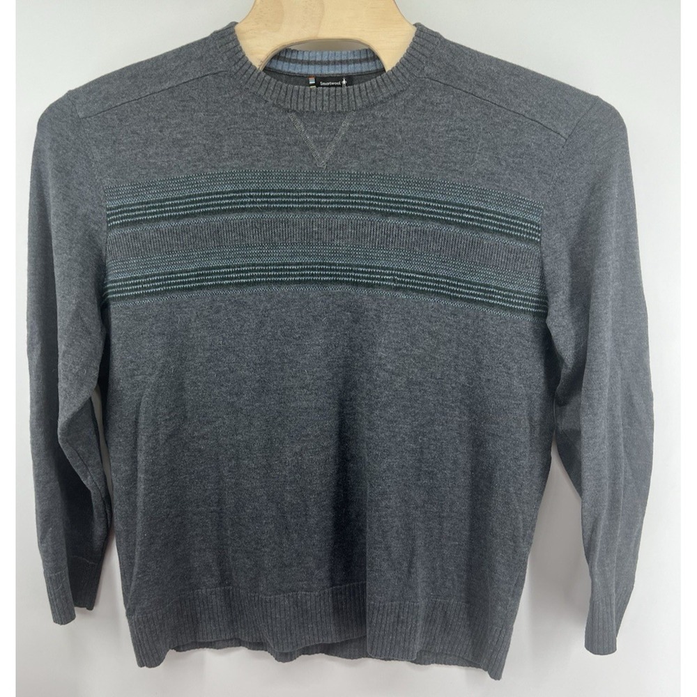 Smartwool Mens Sweater XL Dark Gray Blue Striped Tight Knit Long Sleeved